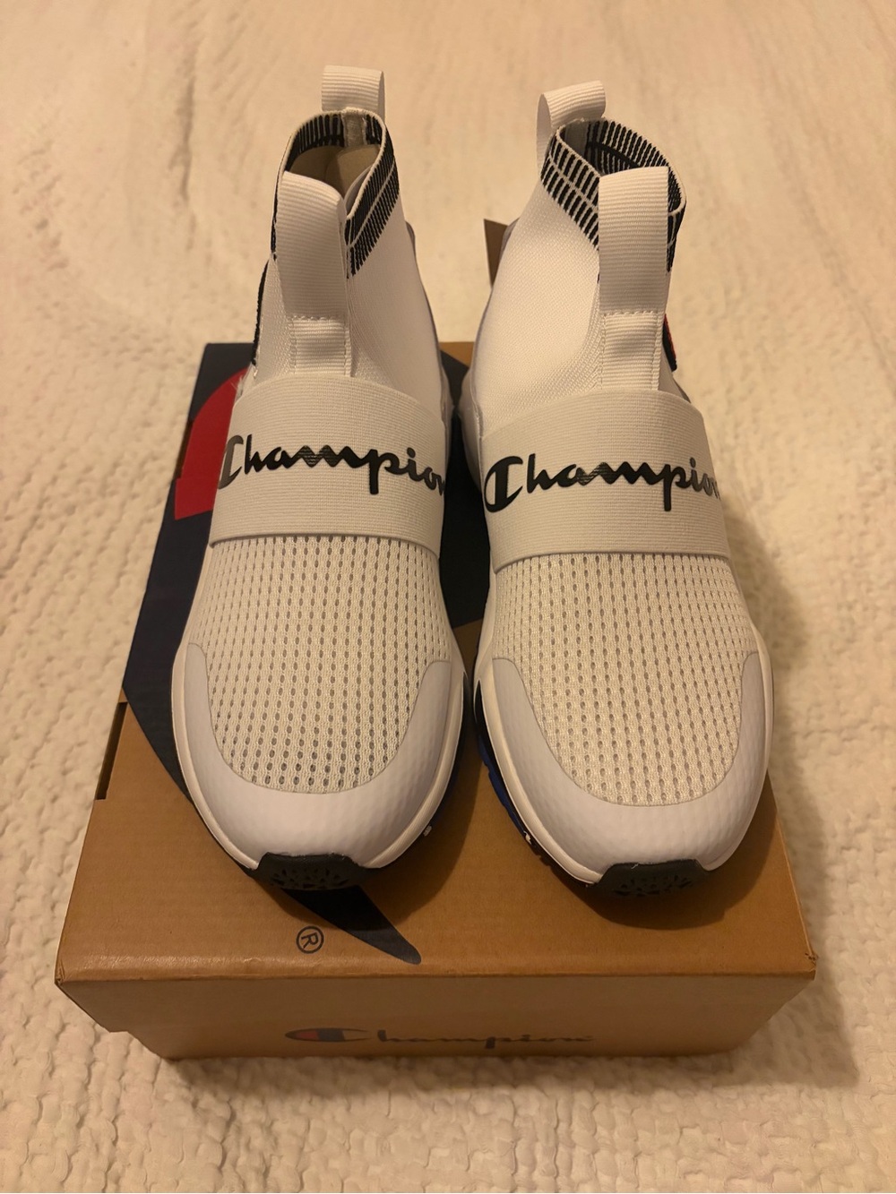 Big Boys Champion White Slip-On Knit Athletic Shoes with Black Logo